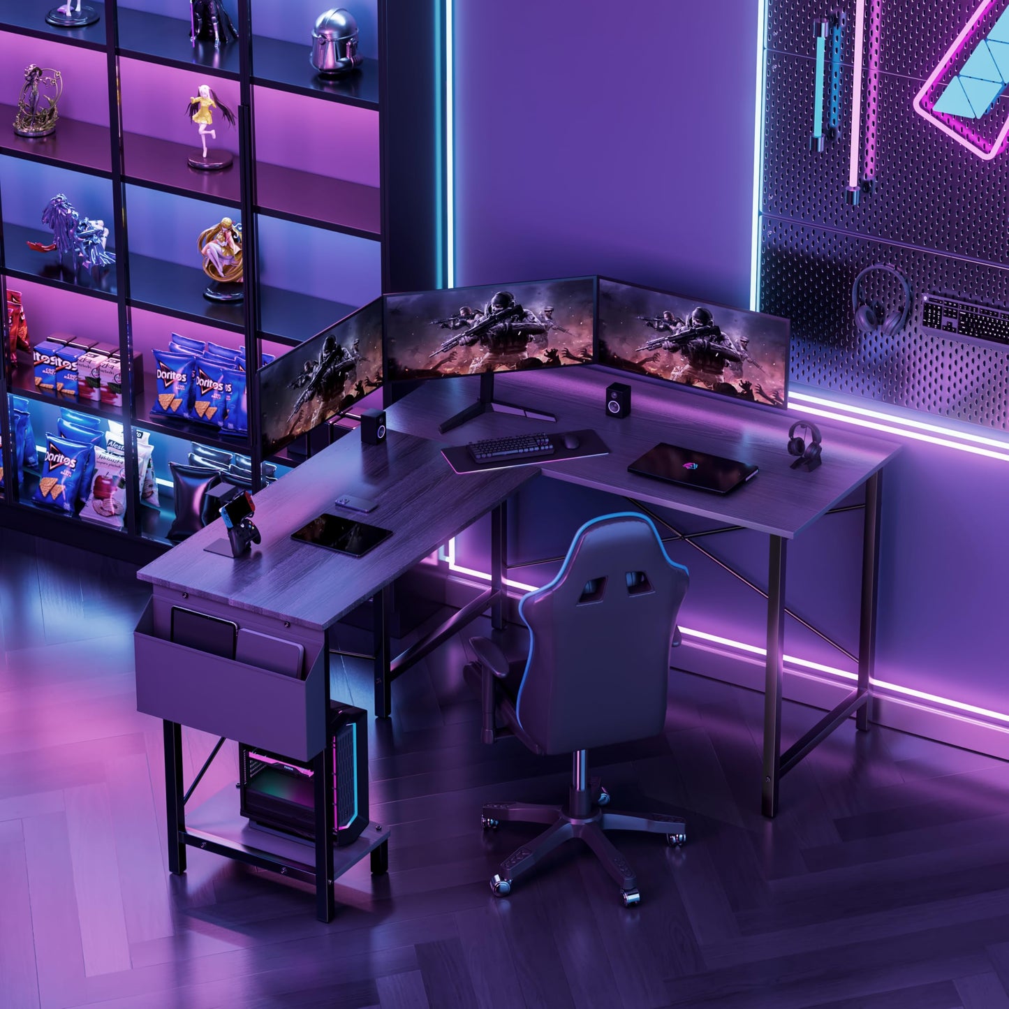YSSOA 50" L Shaped Gaming Desk with Reversible Corner - Home Office Computer Desk with Wood Top, Metal Frame, CPU Stand & Storage Bag for Small Space, Gaming Room