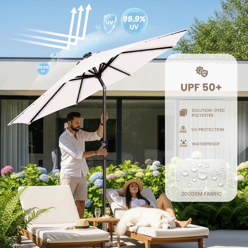 Simple Deluxe 9' Solar Patio Umbrella 32 LED Lighted Table Market Umbrellas with Push Button Tilt/Crank Outdoor Umbrella for Garden, Deck, Backyard and Pool