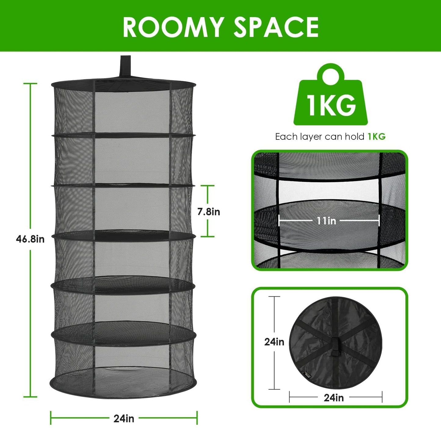 YSSOA 4 Layer 24'' Herb Drying Rack, Hanging Dry Mesh Folding Basket Dryer with Detachable Design & Hook for Plants, Herbs, Seeds and Buds in Grow Tent, Closet, Hydroponics, Garden Outdoor