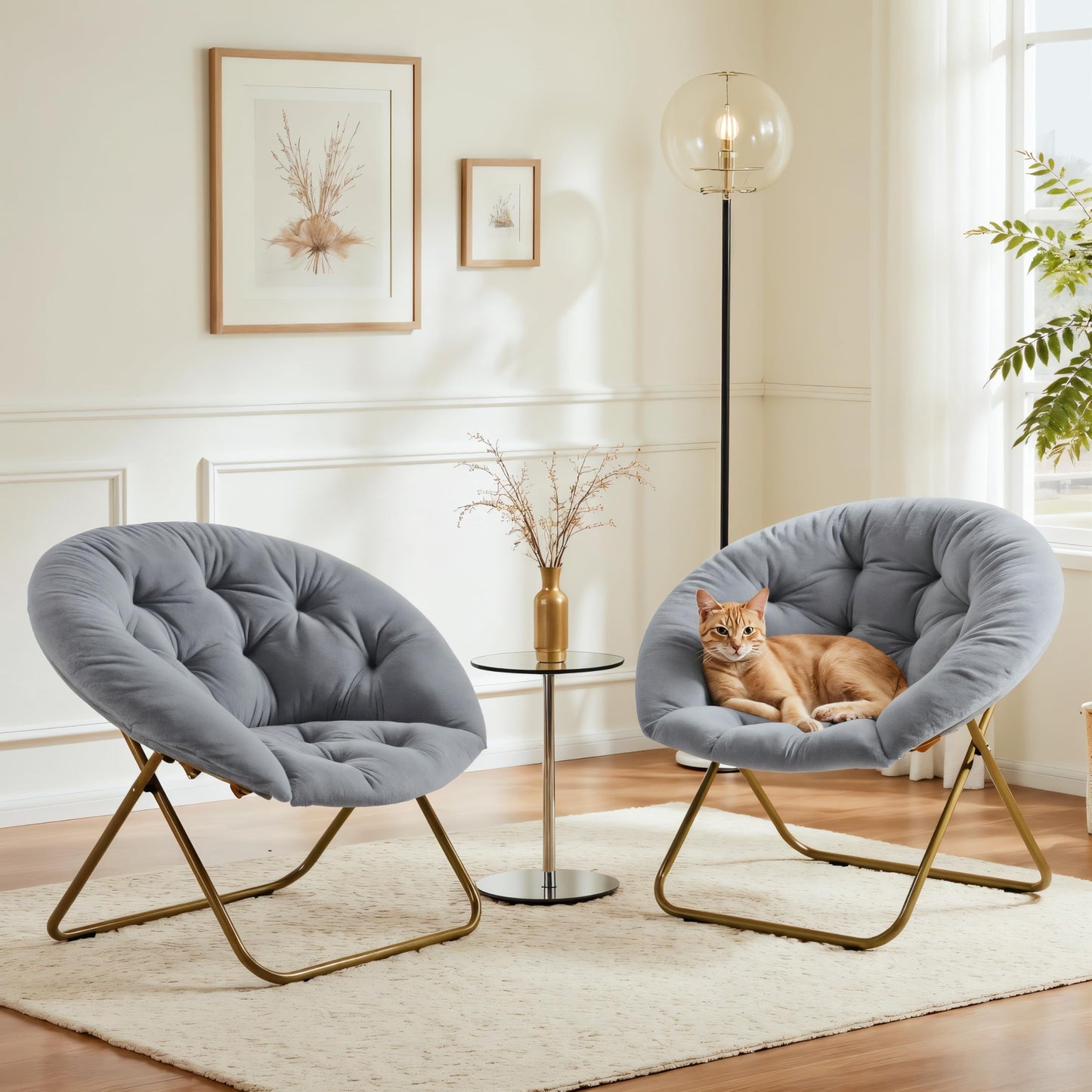 Saucer Chair Comfy Faux Fur, Folding Moon Chair with Metal Frame, Cozy Round Chair, Lounge Lazy Chair for Living Room Bedroom Adults Kids Teens