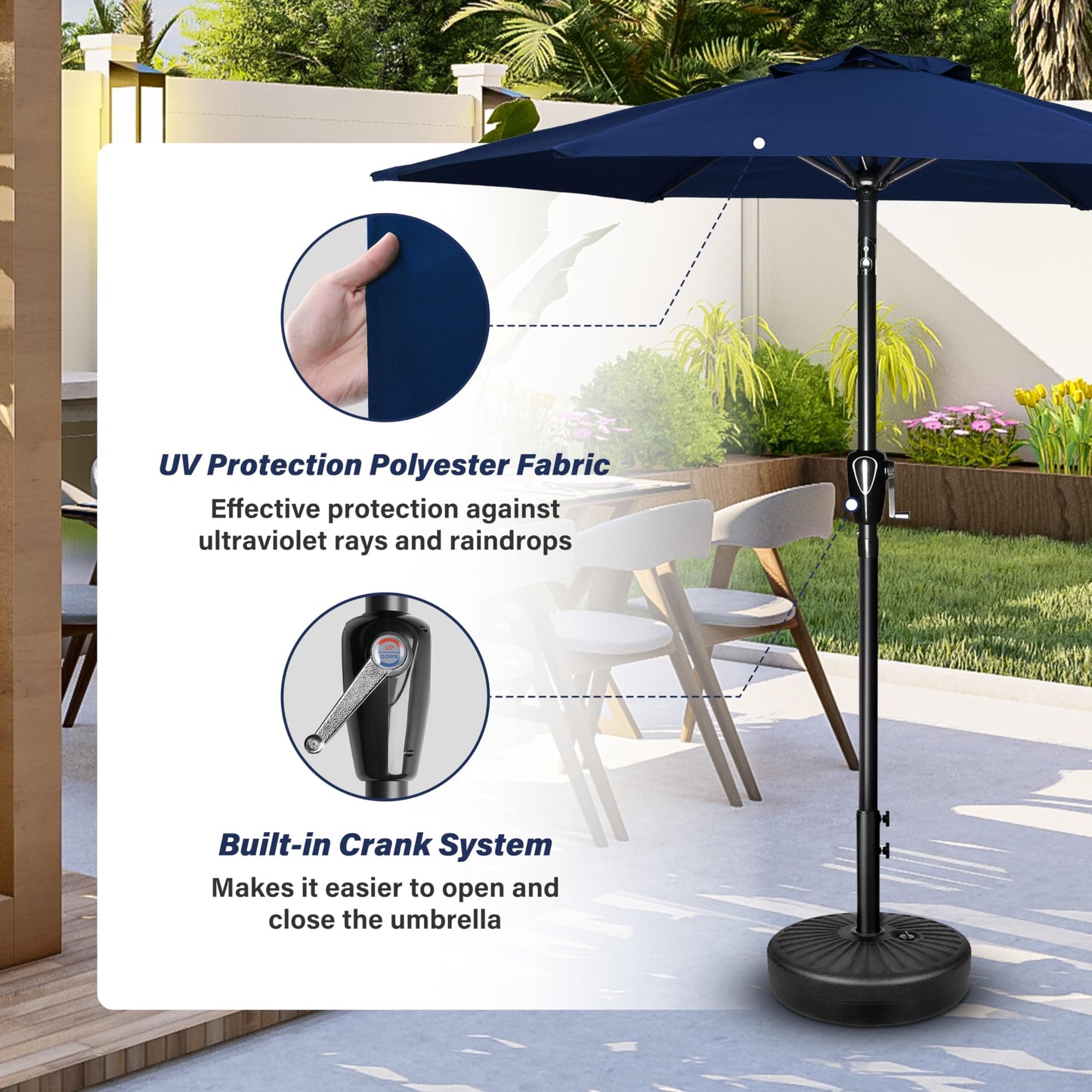 HealSmart 7.5ft Patio Umbrella with Push Button Tilt/Crank, Outdoor Table Market Yard Umbrella, 6 Sturdy Ribs for Garden, Deck, Backyard, Pool