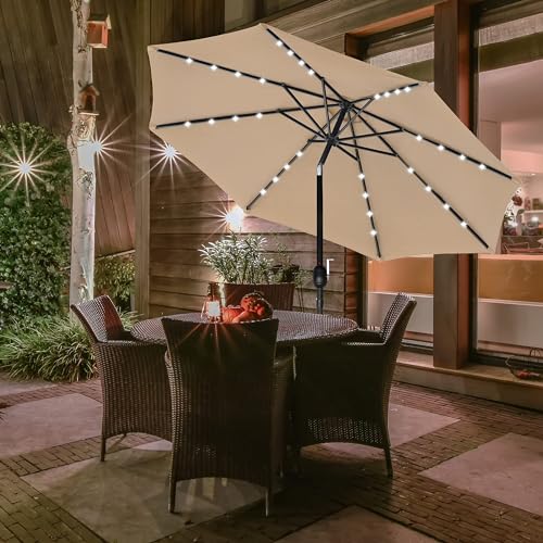 Simple Deluxe 9' Solar Umbrella 32 LED Lighted Patio Umbrella Table Market Umbrella for Garden, Deck, Backyard and Pool