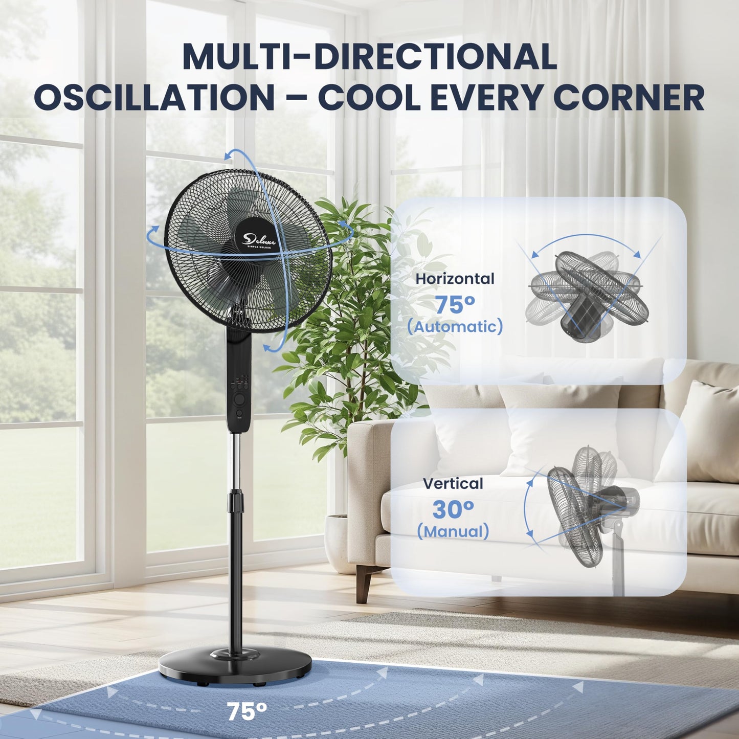 Simple Deluxe 16" Pedestal Fan for Bedroom, 75° Oscillating Standing Floor Fan with 3 Speeds, Powerful 20ft/s Airflow, Adjustable Height & Tilt, Remote Control, for Home & Office Group