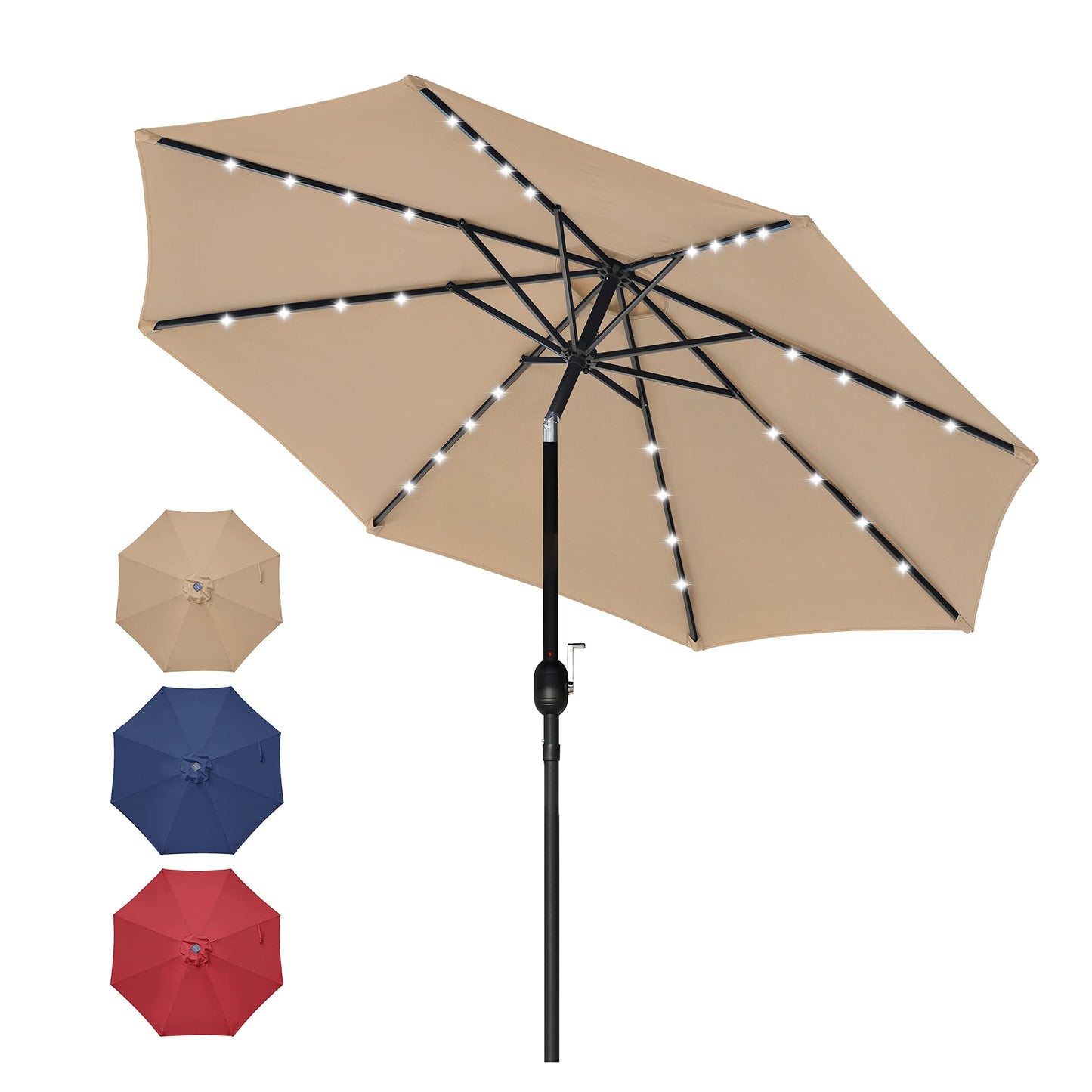Simple Deluxe 9' Solar Umbrella 32 LED Lighted Patio Umbrella Table Market Umbrella with Push Button Tilt/Crank Outdoor Umbrella for Garden, Deck, Backyard and Pool