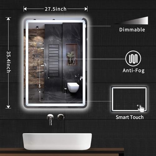 Simple Deluxe 36 x 28 Inch Large Wall Anti-Fog Dimmable LED Bathroom Vanity Makeup Mirror with White/Warm Light (Horizontal/Vertical), Transparent