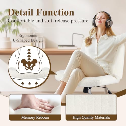 YSSOA Criss Cross Legged Chair with Back Office Desk Chair Fabric No Wheels Comfy Wide Vanity Chair Swivel Armless Height Adjustable Chair Computer Chair for Home