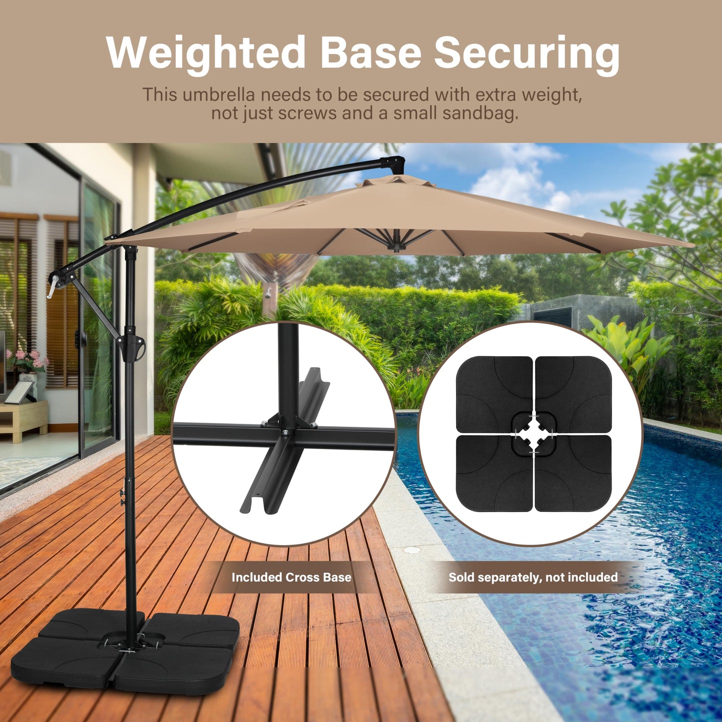 YSSOA 10ft Cantilever Patio Umbrella, Offset Hanging Outdoor Market Umbrellas with Cross Base and Crank for Garden, Lawn and Deck