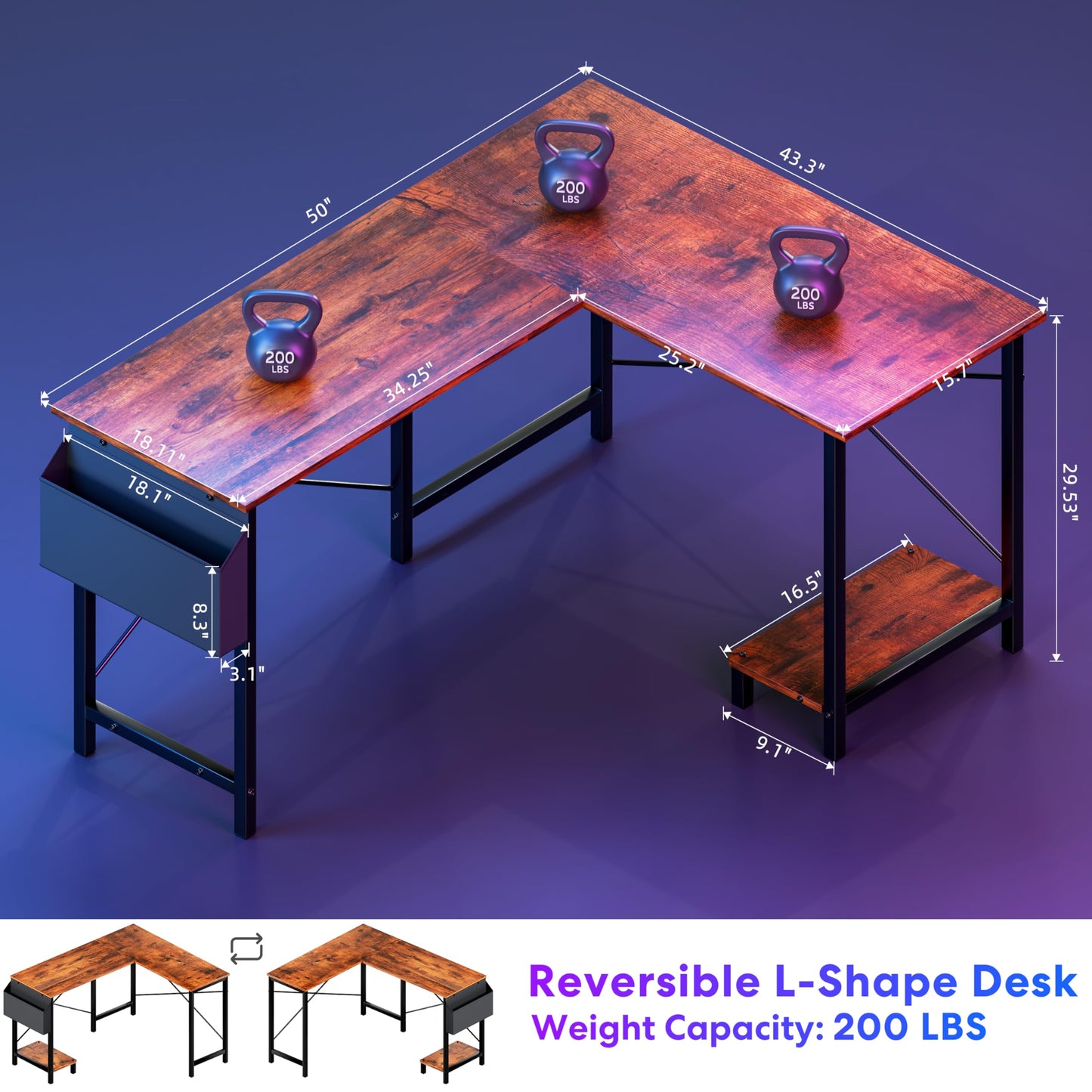 Miibox 50" L Shaped Gaming Desk with Reversible Corner - Home Office Computer Desk with Wood Top, Metal Frame, CPU Stand & Storage Bag for Small Space, Gaming Room