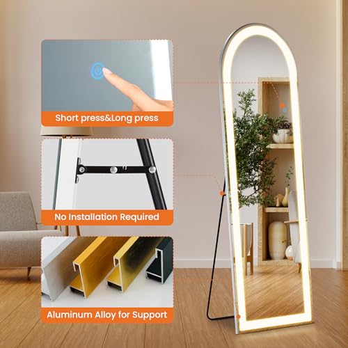 Arched Full Length Mirror with LED Lights, 60"x16" LED Floor Mirror with Stand, Body Floor Mirror with Dimming & 3 Color Lighting, Wall Mounted LED Mirror for Bedroom, Dressing Room, Cloakroom