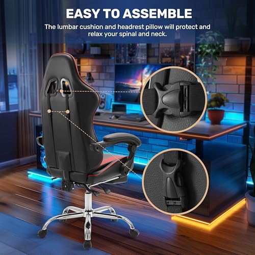 Simple Deluxe Video Gaming Chair with Footrest and Lumbar Support, Ergonomic PU Leather Computer Chair, 360° Swivel - Height Adjustable Game Chair for Office/Gaming(Black Red)