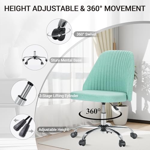 YSSOA Office Desk Chair with Back and Wheels Computer Fabric Chair Armless Adjustable Height Comfy Vanity Chair with Swivel Rolling Home Chairs for Bedroom Adult Green