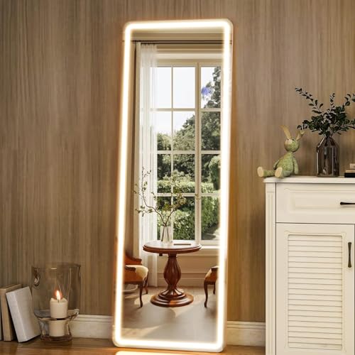 Simple Deluxe Floor Mirror with Dimming & 3 Color Lighting, Free Standing Floor Mirror, Lighted Full Body Mirror for Bedroom, Dressing Room, Cloakroom