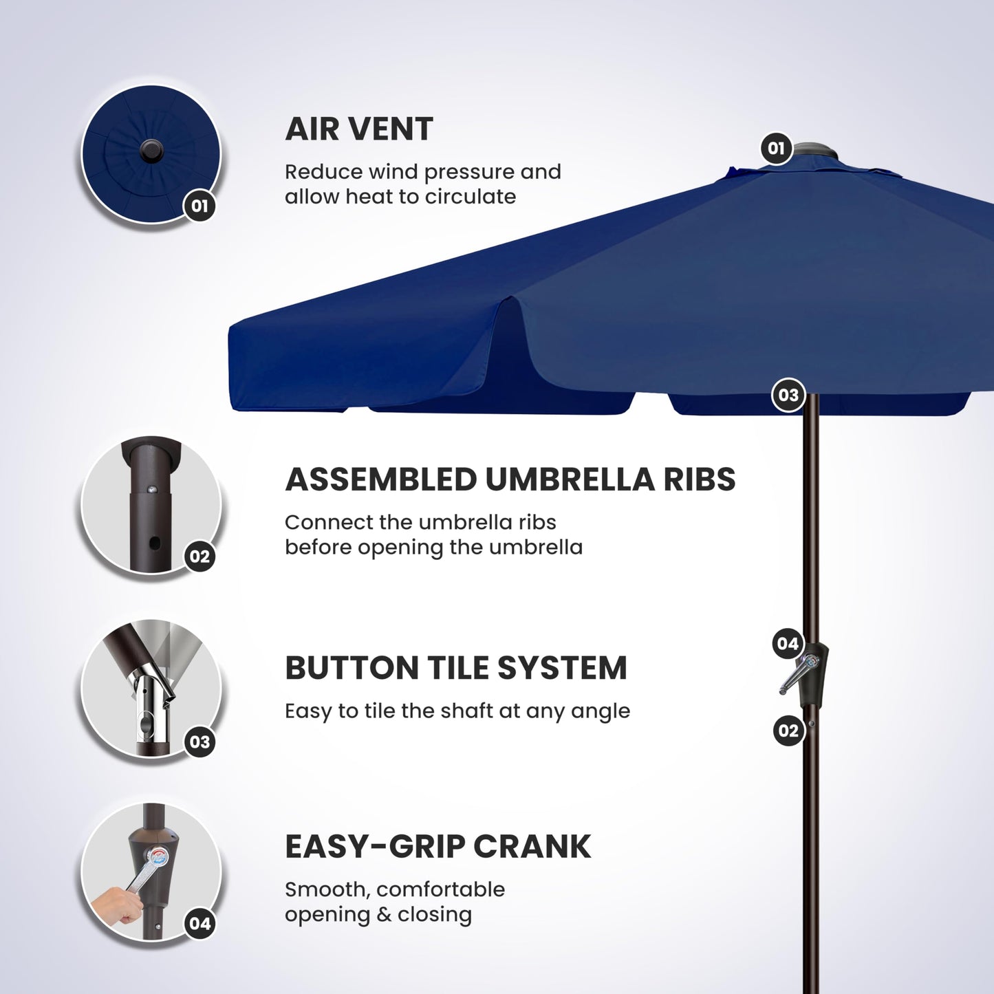 Simple Deluxe 9' Patio Umbrella with Wind-Floating Valances, Push Button Tilt & Crank Lift, UV Protection Sunshade for Table, Garden, Pool, Beach