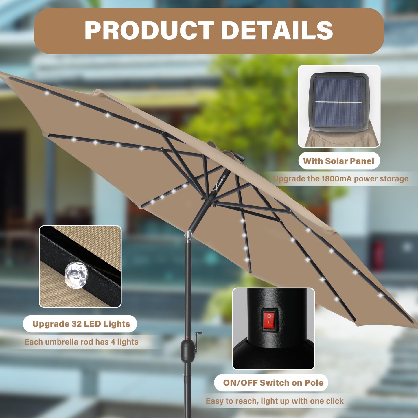 HealSmart 7.5ft Patio Umbrella with Push Button Tilt/Crank, Outdoor Table Market Yard Umbrella, 6 Sturdy Ribs for Garden, Deck, Backyard, Pool