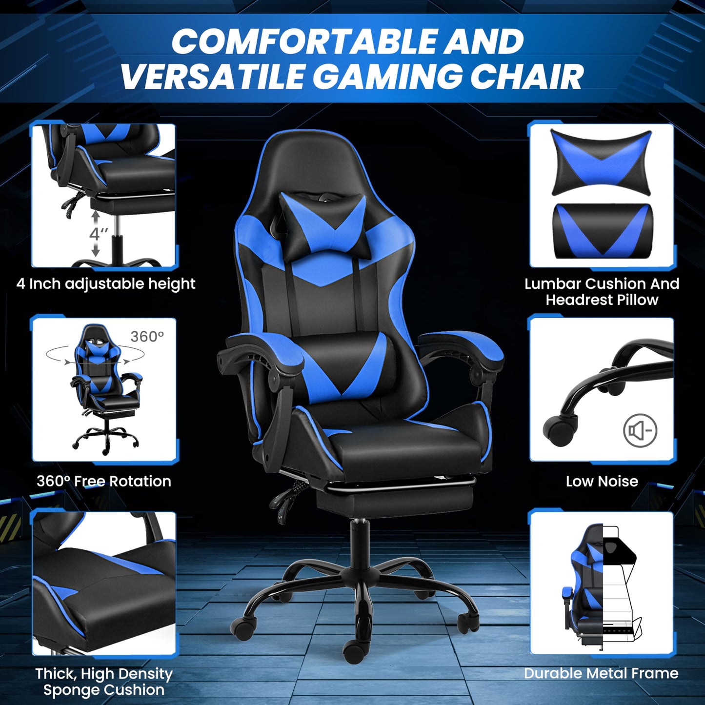Simple Deluxe Gaming Chair, High Back Office Computer Desk Chair with Adjustable Lumbar Support, Recliner Swivel Video Game Chair with Footrest, Height Adjustable Seat and Backrest