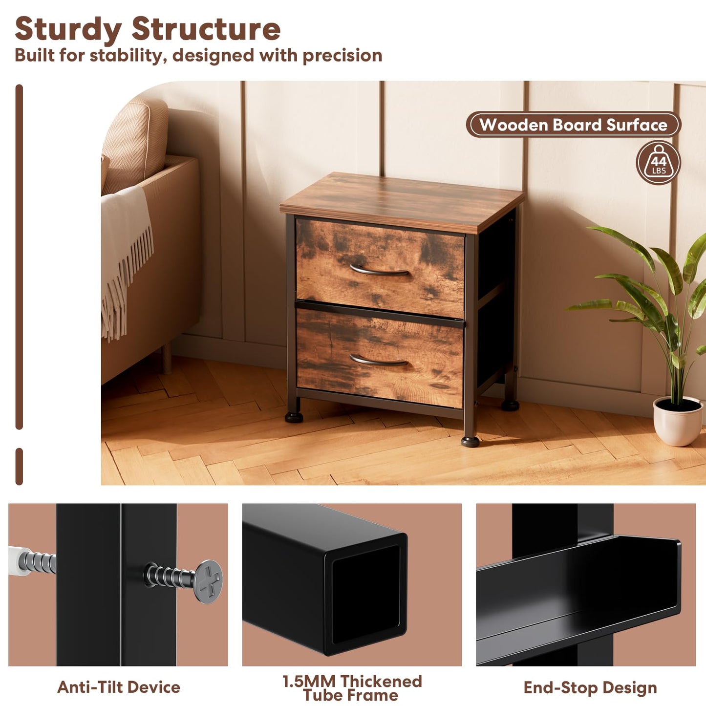 Simple Deluxe Nightstand 2 Drawers Dresser for Bedroom, Night Stand Set 2, 3-Tier Bedside Table with Fabric Bins, End Table for Living Room, Wood top Load-Bearing up to 44 lb