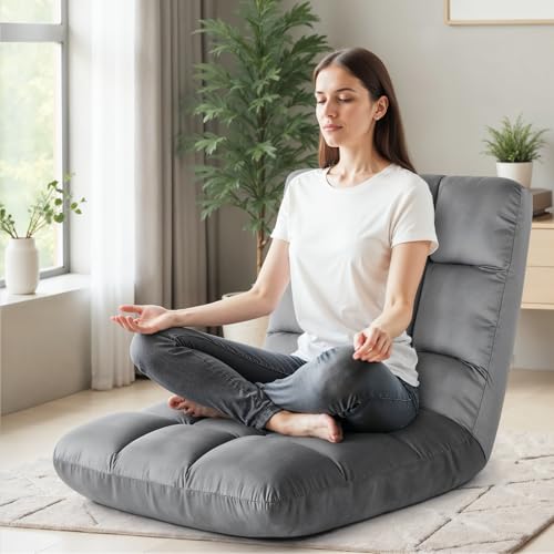 YSSOA Floor Chair with Back Support Meditation Chair, Folding Sofa Seat with 14 Adjustable Position, Flame Retardant Sponge Padded Sleeper Bed Suit for Gaming Working Yoga for Adults Kids, Grey