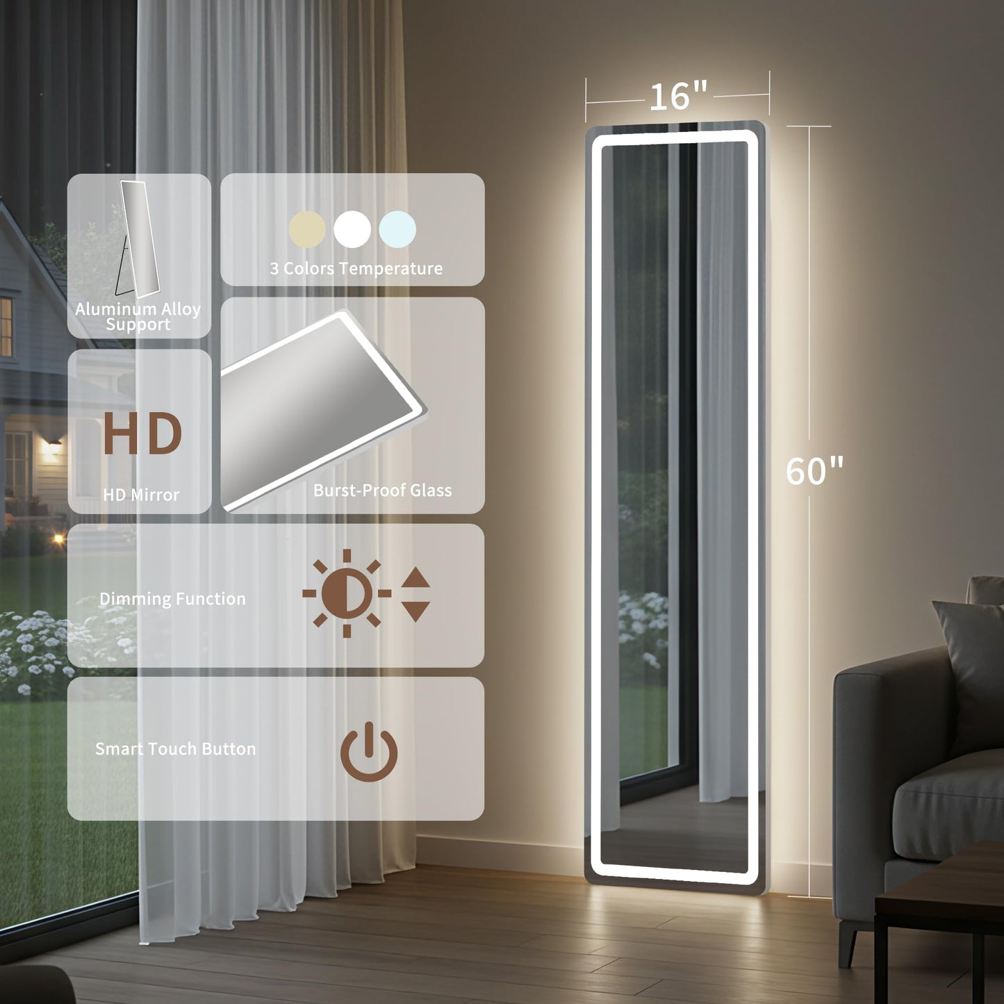 Full Length Mirror with LED Lights, Floor Mirror with Dimming & 3 Color Lighting, Free Standing Floor Mirrors
