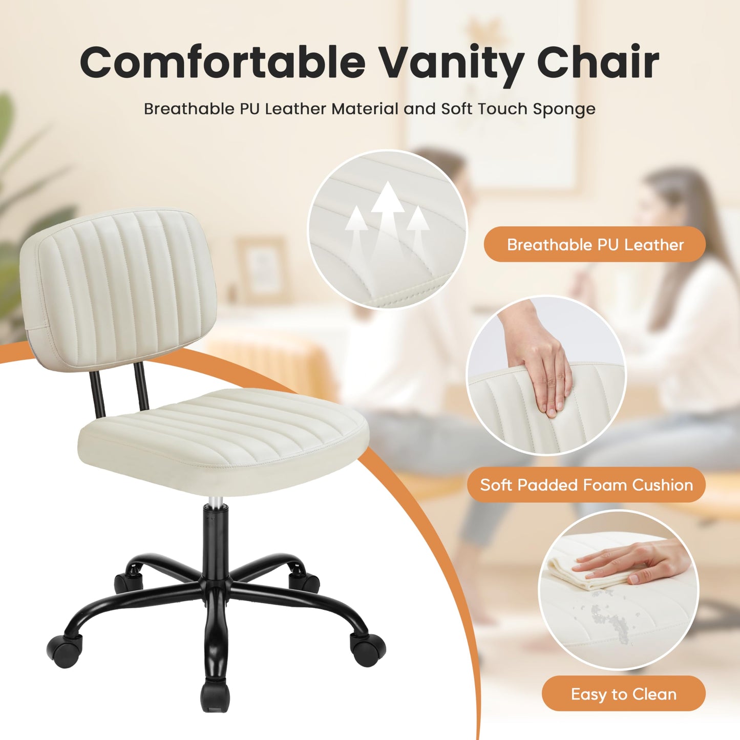 YSSOA Small Desk Chair with Wheels, Armless Office Chair No Arms, Comfy PU Leather Computer Task Chair Swivel Rolling Chairs for Small Space, Home, Adults, Students, Black