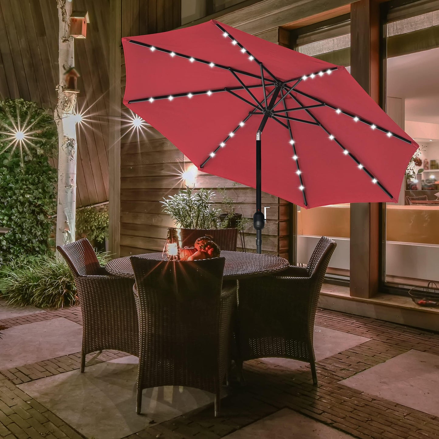 Simple Deluxe 9' Solar Umbrella 32 LED Lighted Patio Umbrella Table Market Umbrella for Garden, Deck, Backyard and Pool