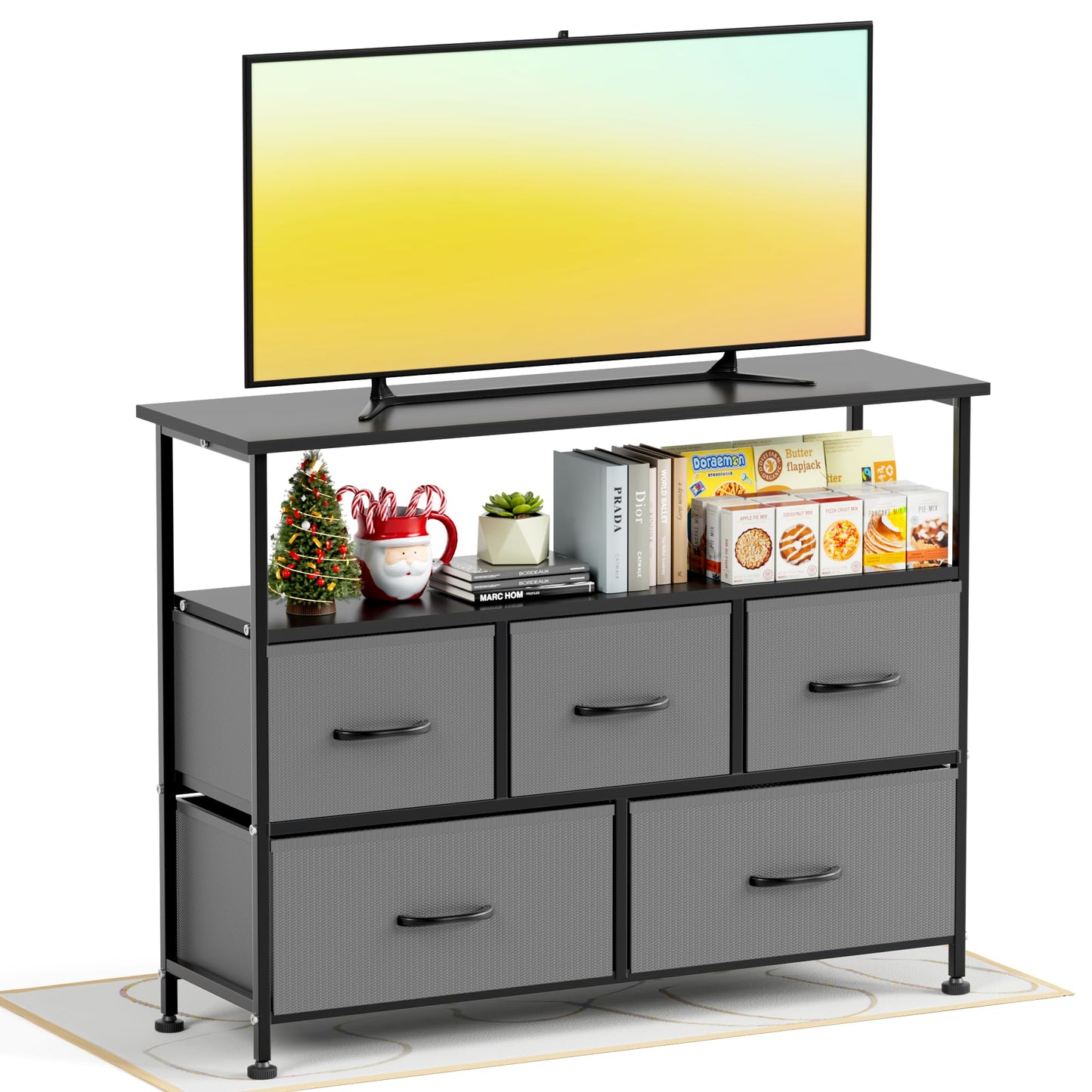 Simple Deluxe TV Stand Dresser for Bedroom Entertainment Center with 5 Fabric Drawers, Storage Organizers Units for Living Room, Media Console Table with Open Shelf up for 45" TV, Wood top