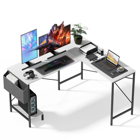 L Shaped Desk Gaming Computer 50 Inch Reversible Corner Table PC Work Table for Writing Study Student with Wood Metal Frame CPU Stand Side Bag for Home Office Small Place