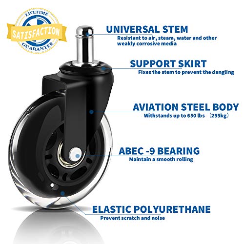 Office Chair Wheels (Set of 5) - Safe for All Floors Including Hardwood - Universal Stem 7/16 Inch