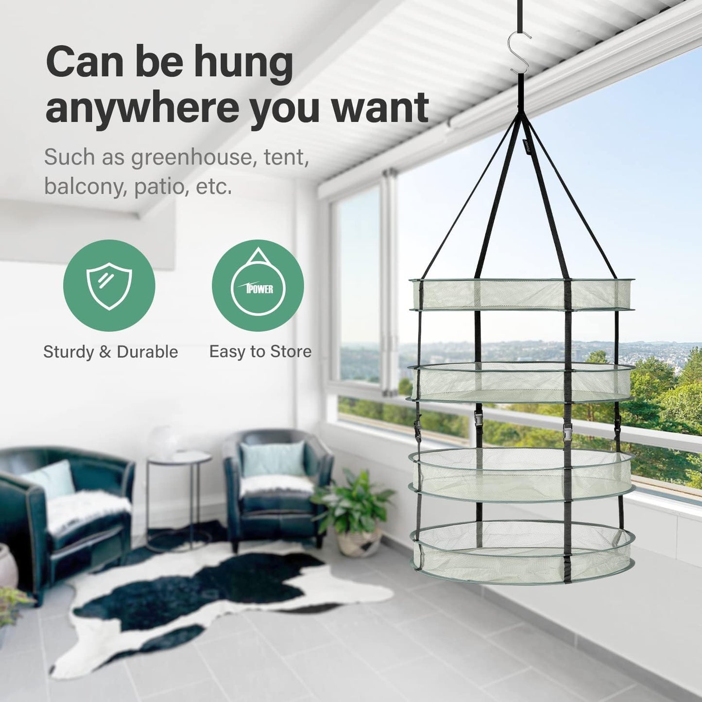 YSSOA 4 Layer 24'' Herb Drying Rack, Hanging Dry Mesh Folding Basket Dryer with Detachable Design & Hook for Plants, Herbs, Seeds and Buds in Grow Tent, Closet, Hydroponics, Garden Outdoor