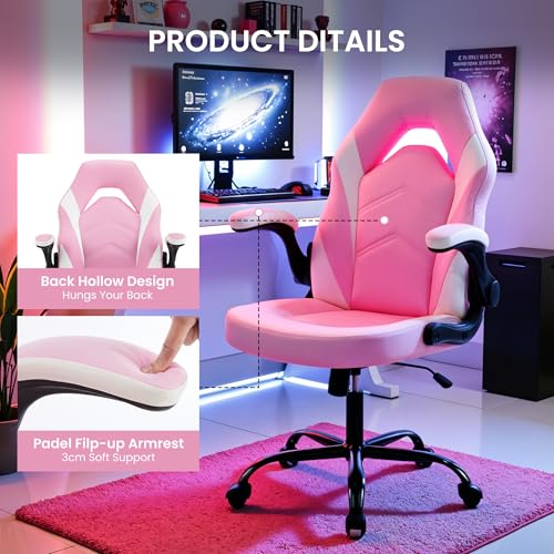 YSSOA Computer Gaming Chair PU Leather Ergonomic Lumbar Support with Flip-up Armrest and 360° Swivel Wheels, Height Adjustable Task Home Office Desk Video Racing