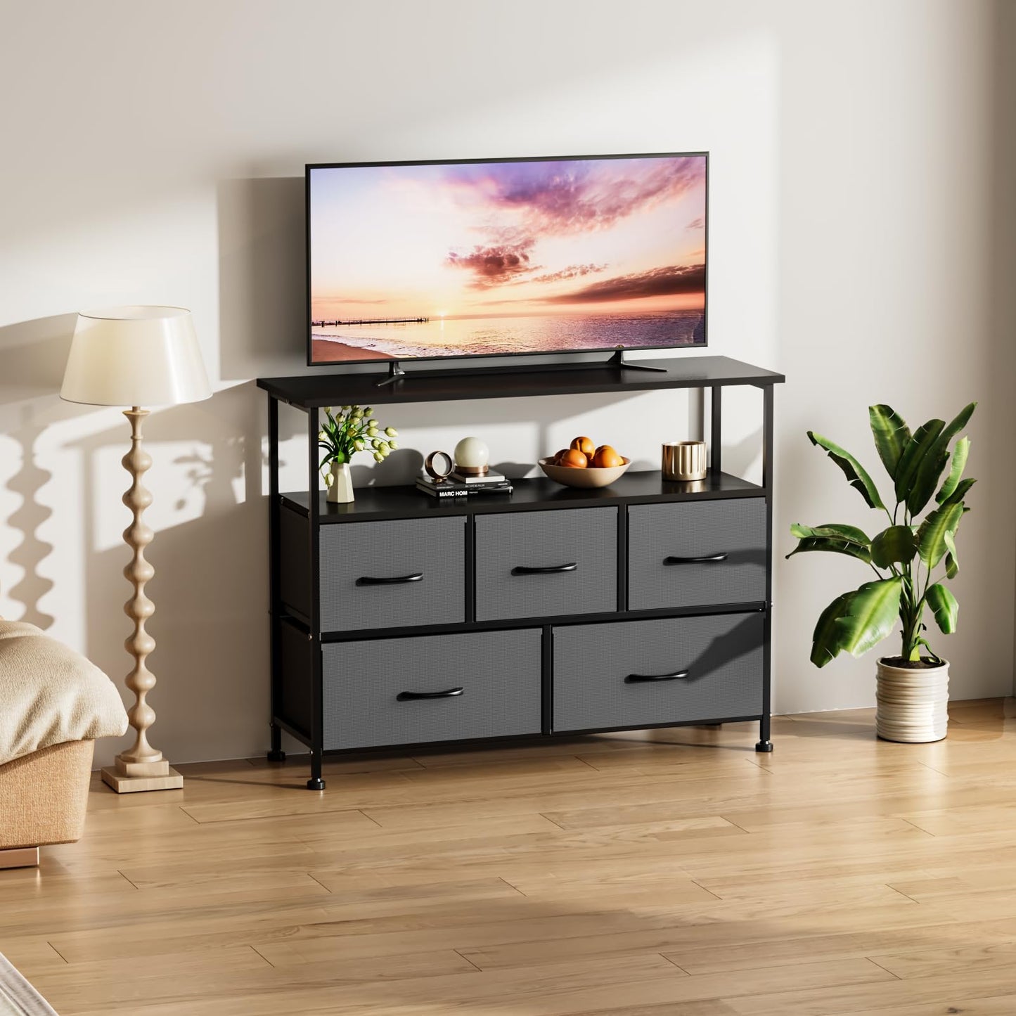 Simple Deluxe TV Stand Dresser for Bedroom Entertainment Center with 5 Fabric Drawers, Storage Organizers Units for Living Room, Media Console Table with Open Shelf up for 45" TV, Wood top