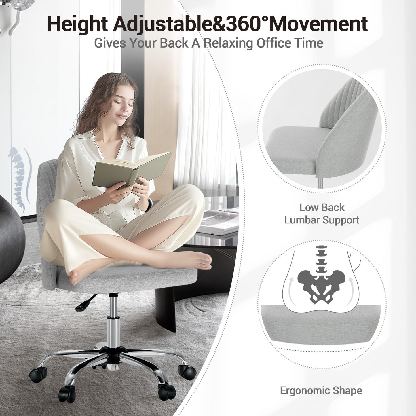 Simple Deluxe Office Desk Chair with Back and Wheels Computer Fabric Chair Armless Adjustable Height Comfy Vanity Chair with Swivel Rolling Home Chairs for Bedroom Adult