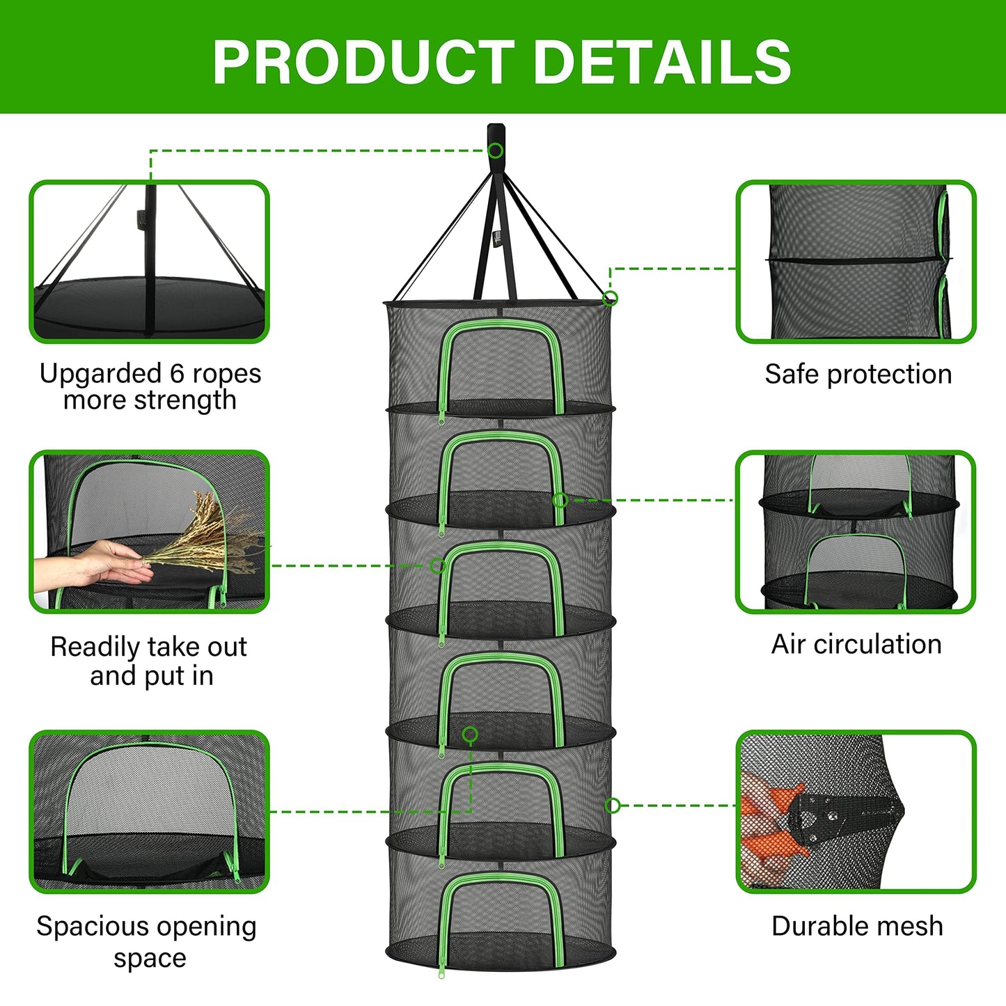 YSSOA 4 Layer 24'' Herb Drying Rack, Hanging Dry Mesh Folding Basket Dryer with Detachable Design & Hook for Plants, Herbs, Seeds and Buds in Grow Tent, Closet, Hydroponics, Garden Outdoor
