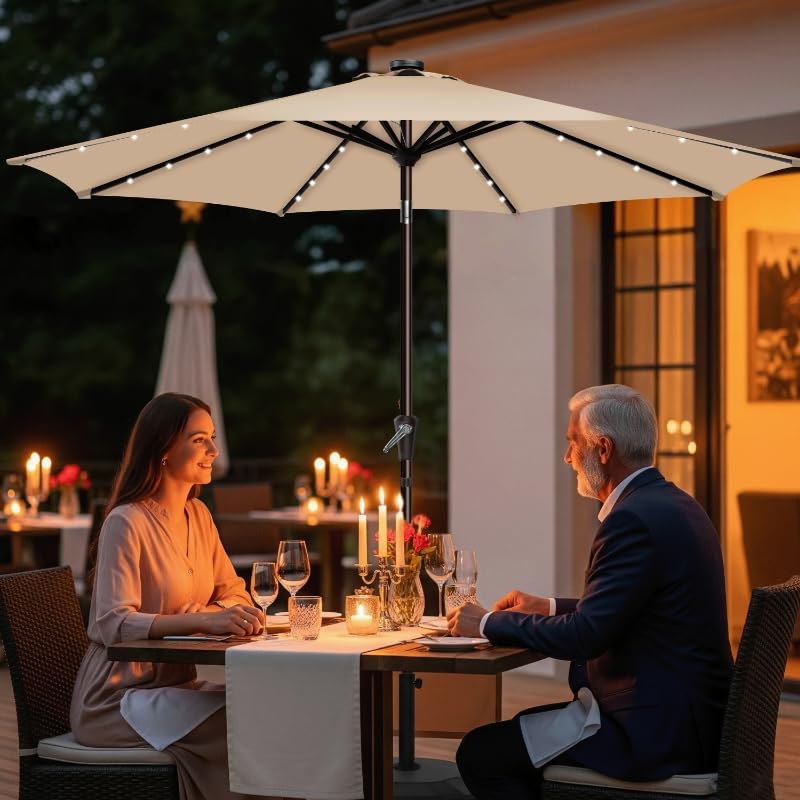 Simple Deluxe 9' Solar Patio Umbrella 32 LED Lighted Table Market Umbrellas with Push Button Tilt/Crank Outdoor Umbrella for Garden, Deck, Backyard and Pool