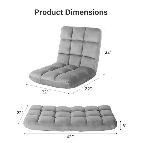 YSSOA Floor Chair with Back Support Meditation Chair 14 Adjustable Position Folding Sofa Seat, Flame Retardant Sponge Padded Sleeper Bed Suit for Gaming Working Yoga, Grey