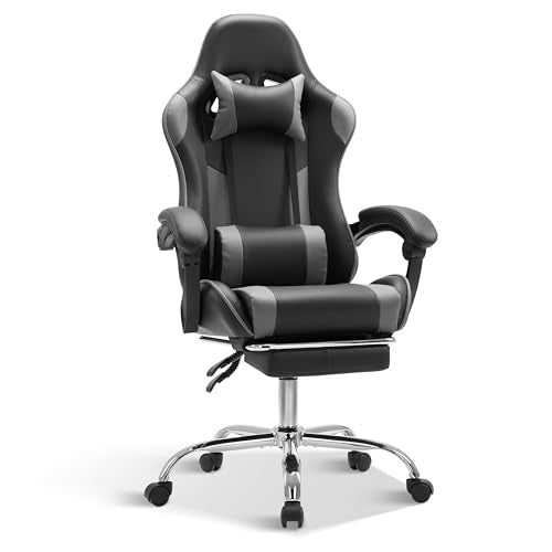 Simple Deluxe Video Gaming Chair with Footrest and Lumbar Support, Ergonomic PU Leather Computer Chair, 360° Swivel - Height Adjustable Game Chair for Office/Gaming(Black/Grey)