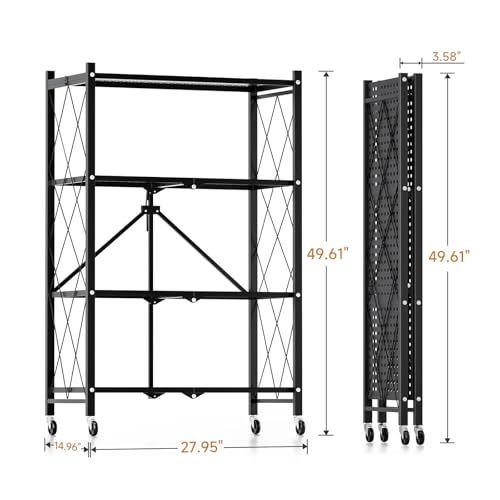 3-Tier Heavy Duty Foldable Metal Rack Storage Shelving Unit with Wheels Moving Easily Organizer Shelves Great for Garage Kitchen Holds up to 750 lbs Capacity, Black