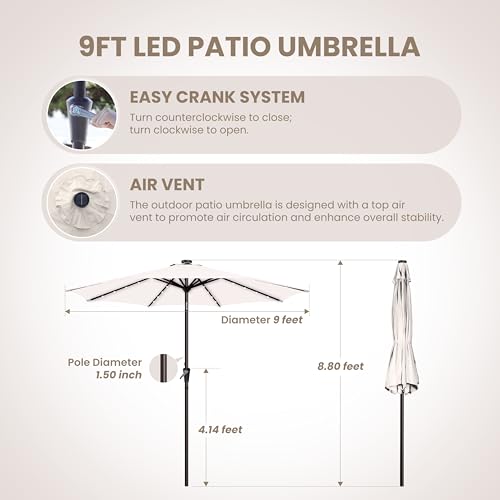 Simple Deluxe 9' Solar Patio Umbrella 32 LED Lighted Table Market Umbrellas with Push Button Tilt/Crank Outdoor Umbrella for Garden, Deck, Backyard and Pool