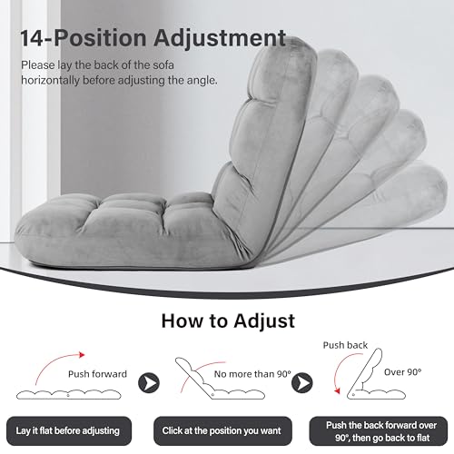 YSSOA Floor Chair with Back Support Meditation Chair 14 Adjustable Position Folding Sofa Seat, Flame Retardant Sponge Padded Sleeper Bed Suit for Gaming Working Yoga, Grey