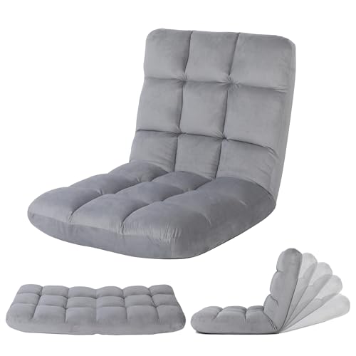 YSSOA Folding Floor Chair with Back Support Convertible Comfy Chair Recliner Memory Foam Padded Sleeper Sofa Chair for Bedroom Gaming Working Meditation Reading Adults Kids Grey