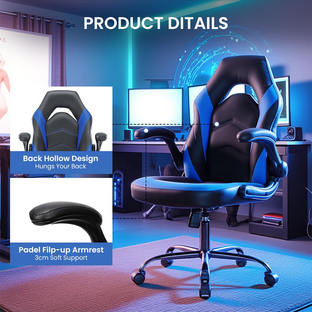 YSSOA Computer Gaming Chair PU Leather Ergonomic Lumbar Support with Flip-up Armrest and 360° Swivel Wheels, Height Adjustable Task Home Office Desk Video Racing
