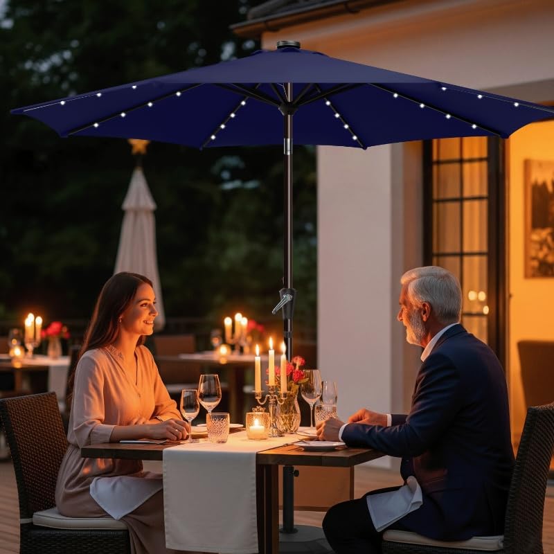 Simple Deluxe 9' Solar Patio Umbrella 32 LED Lighted Table Market Umbrellas with Push Button Tilt/Crank Outdoor Umbrella for Garden, Deck, Backyard and Pool