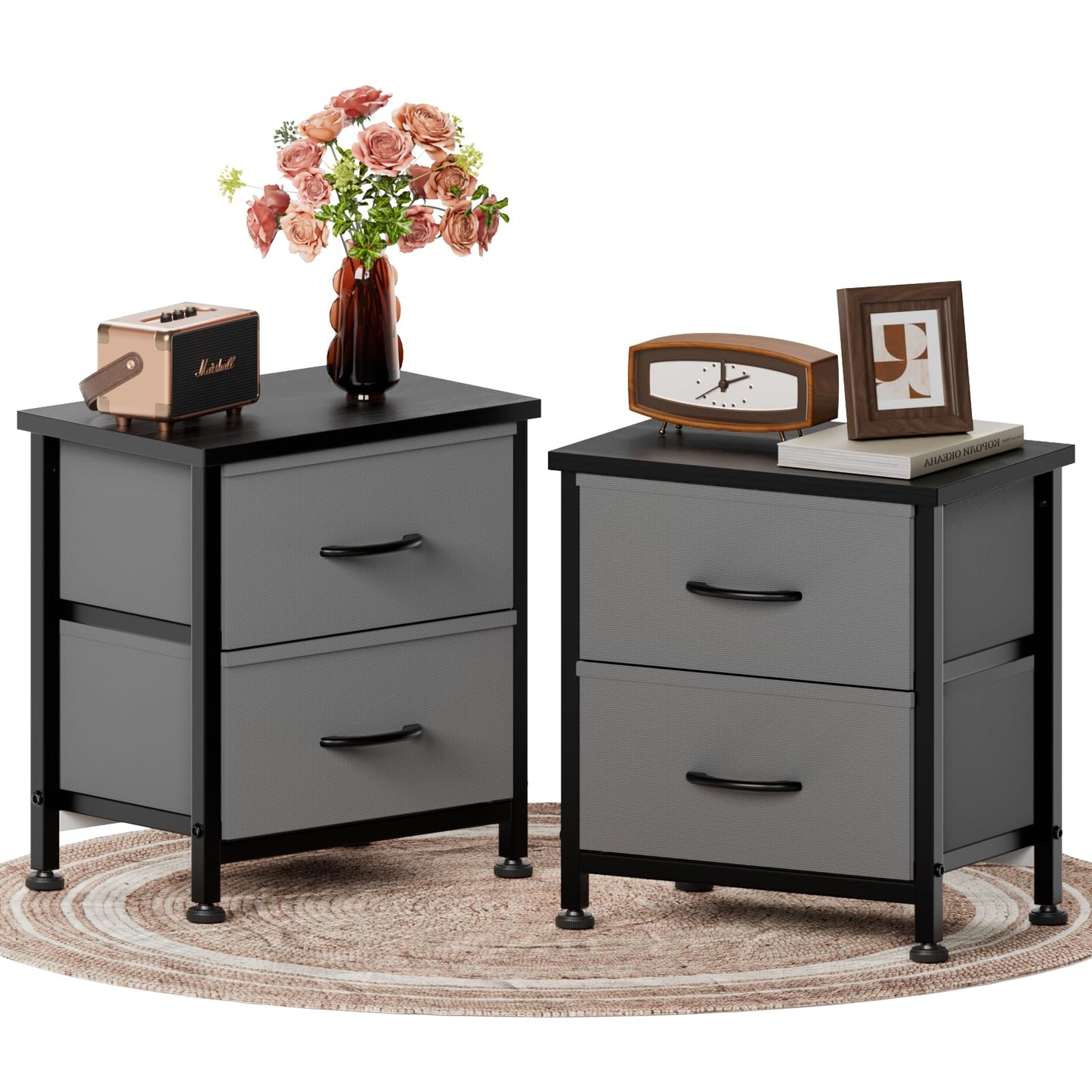 Simple Deluxe Nightstand 2 Drawers Dresser for Bedroom, Night Stand Set 2, 3-Tier Bedside Table with Fabric Bins, End Table for Living Room, Wood top Load-Bearing up to 44 lb