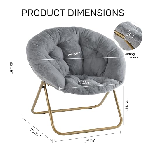 Saucer Chair Comfy Faux Fur, Folding Moon Chair with Metal Frame, Cozy Round Chair, Lounge Lazy Chair for Living Room Bedroom Adults Kids Teens