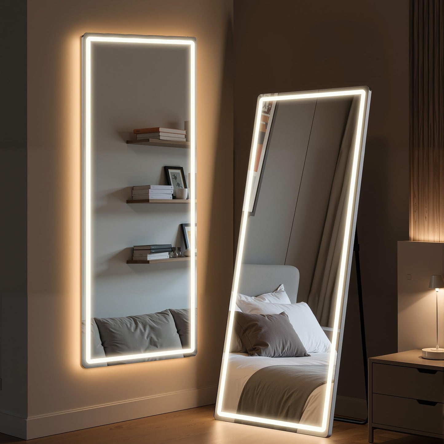 Full Length Mirror with LED Lights, Floor Mirror with Dimming & 3 Color Lighting, Free Standing Floor Mirrors