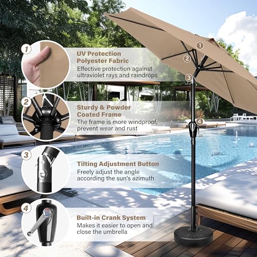 HealSmart 7.5ft Patio Umbrella with Push Button Tilt/Crank, Outdoor Table Market Yard Umbrella, 6 Sturdy Ribs for Garden, Deck, Backyard, Pool