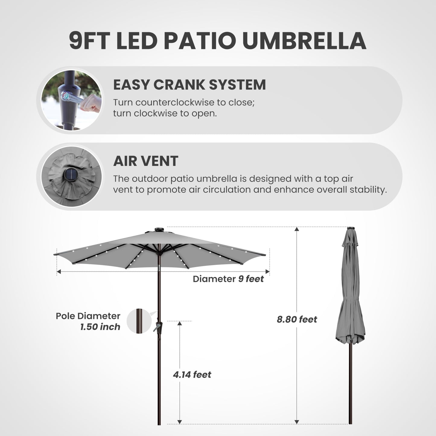 Simple Deluxe 9' Solar Patio Umbrella 32 LED Lighted Table Market Umbrellas with Push Button Tilt/Crank Outdoor Umbrella for Garden, Deck, Backyard and Pool