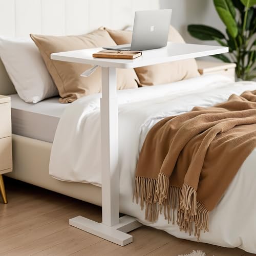 Simple Deluxe Adjustable Overbed Bedside Table with Wheels, Rolling Laptop Table, Pneumatic Adjustable Hospital & Home Use Bed Table, Mobile Standing Desk, Brown