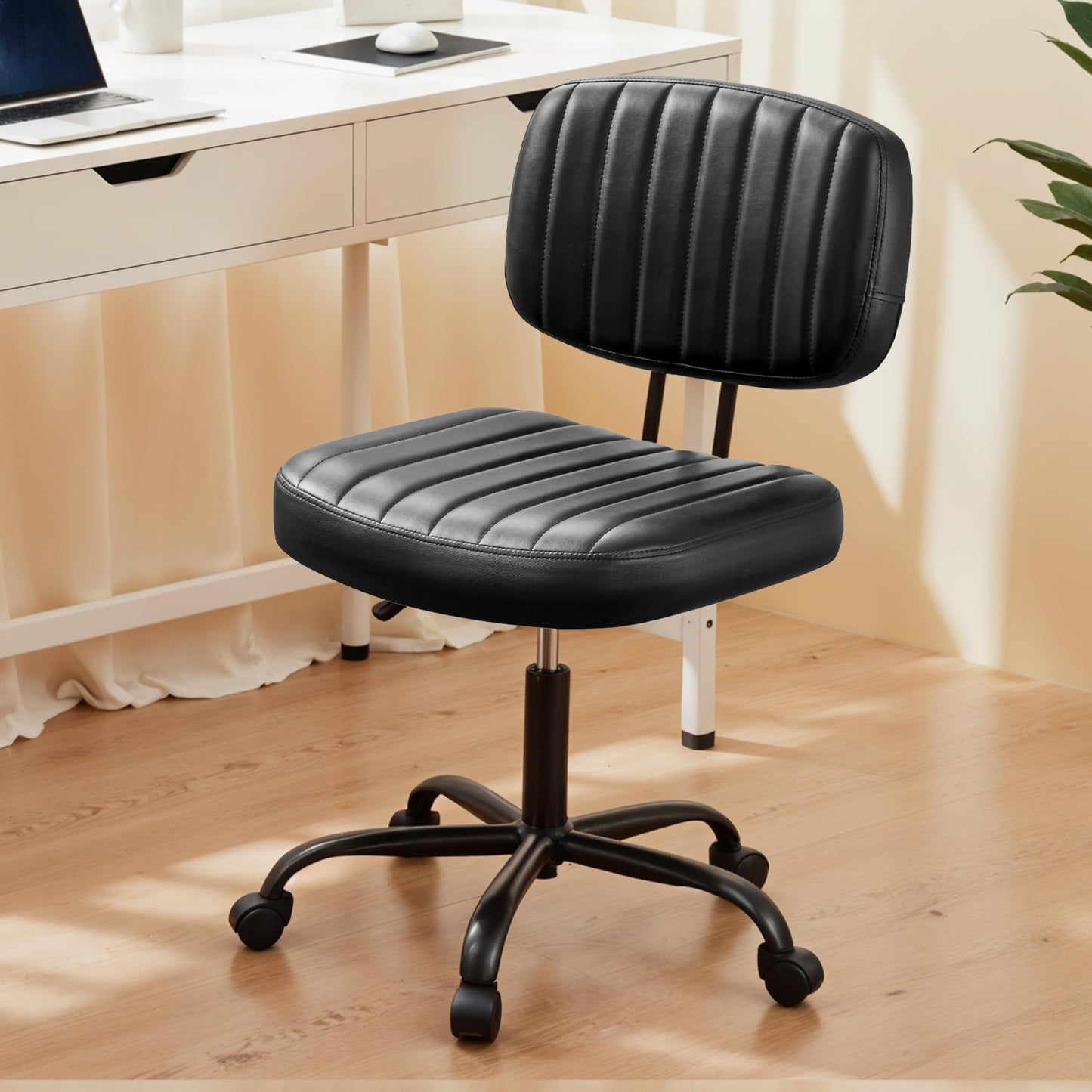 YSSOA Small Desk Chair with Wheels, Armless Office Chair No Arms, Comfy PU Leather Computer Task Chair Swivel Rolling Chairs for Small Space, Home, Adults, Students, Black