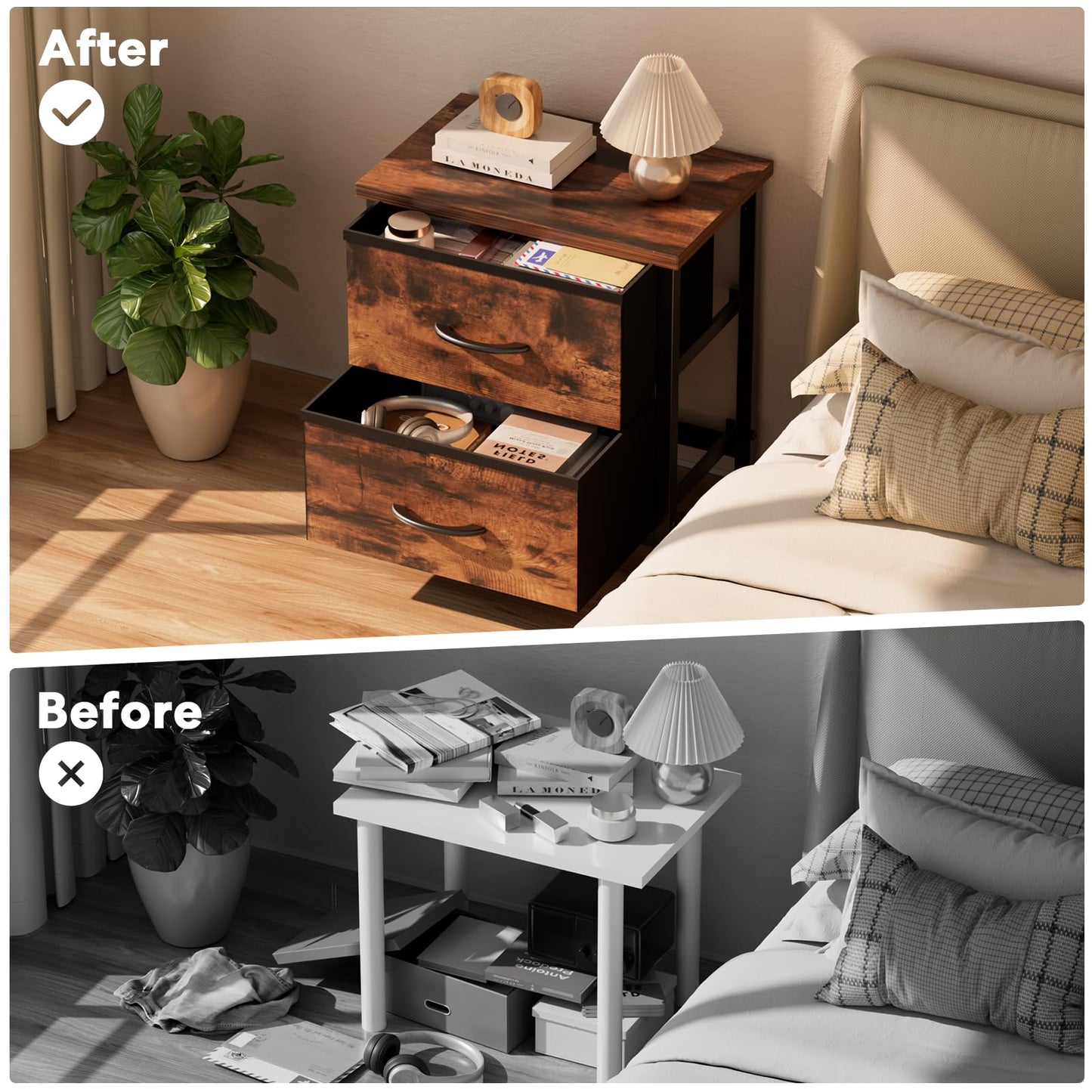 Simple Deluxe Nightstand 2 Drawers Dresser for Bedroom, Night Stand Set 2, 3-Tier Bedside Table with Fabric Bins, End Table for Living Room, Wood top Load-Bearing up to 44 lb