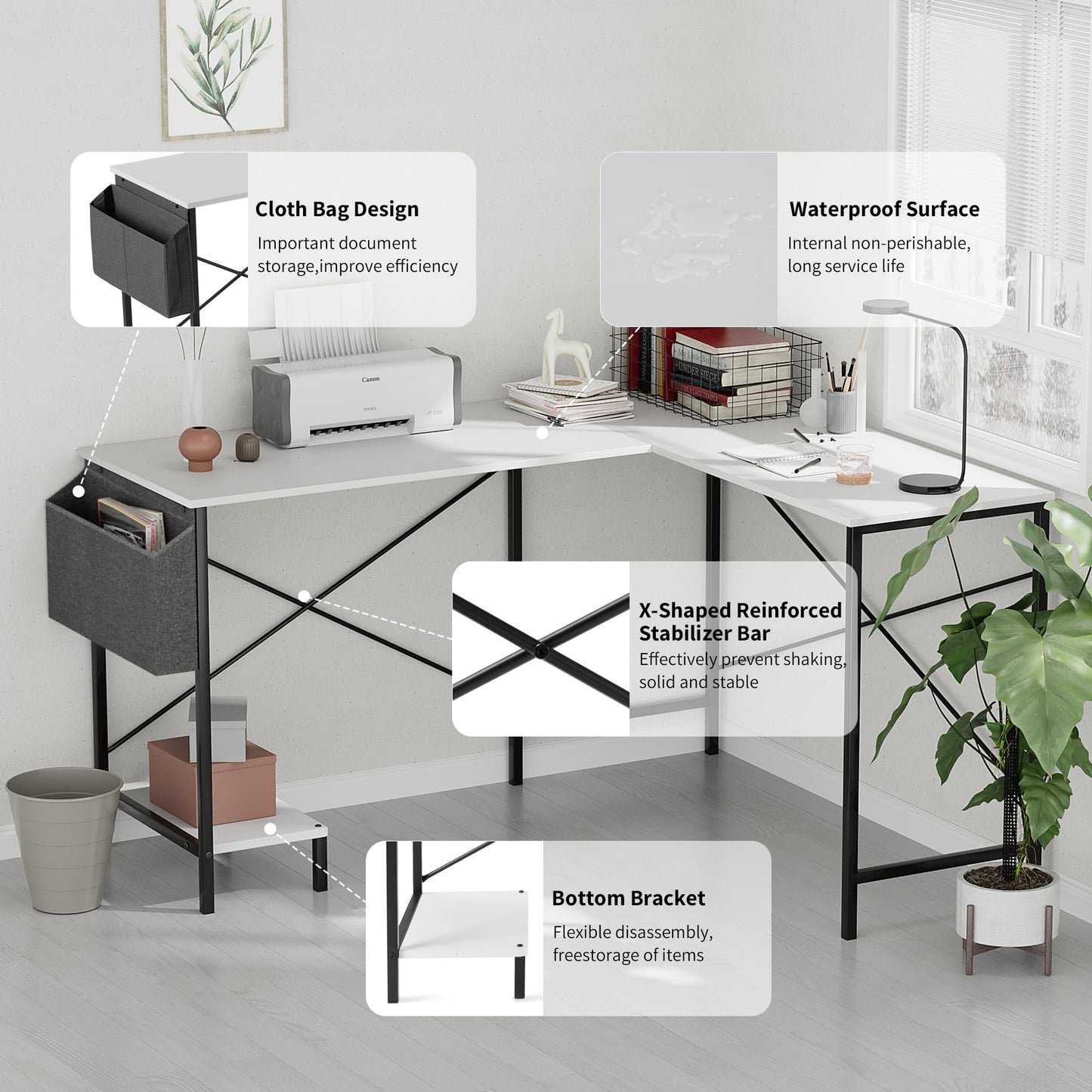 L Shaped Desk Gaming Computer 50 Inch Reversible Corner Table PC Work Table for Writing Study Student with Wood Metal Frame CPU Stand Side Bag for Home Office Small Place